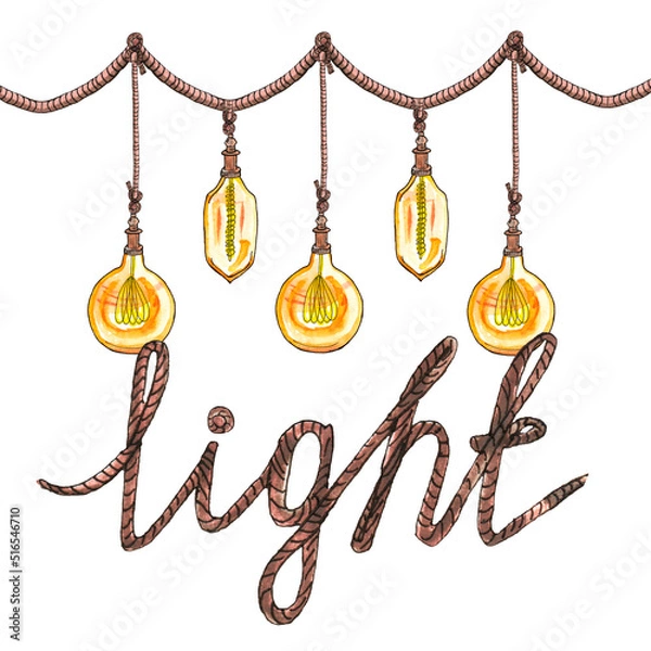 Fototapeta Watercolor illustration vintage large light bulbs in the loft style. With an inscription from the ropes: Light 