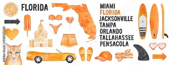 Obraz Watercolour sketch collection of various Florida State symbols: outline map, text lettering of famous cities, sand castle, Florida panther, summer car, paddleboard, swimsuit, ice cream, infographic.