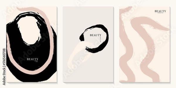 Fototapeta Modern minimalist ink brush paint poster set, abstract shapes background oil paint in vector . Pastel beige brush strokes painting