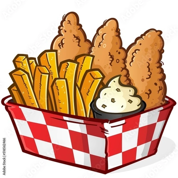 Fototapeta An irresistible basket of deep fried chicken tenders and crispy golden French fries fresh from the deep fryer