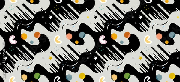 Obraz Seamless childish pattern with funny sloth in a helmet surrounded by space elements. Creative city texture for fabric, wrapping, textile, wallpaper, apparel. Vector illustration