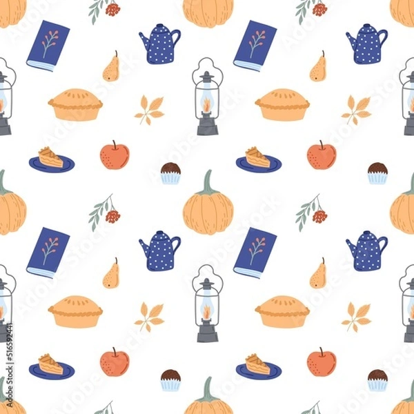 Obraz Seamless pattern cozy autumn. Flat vector illustration