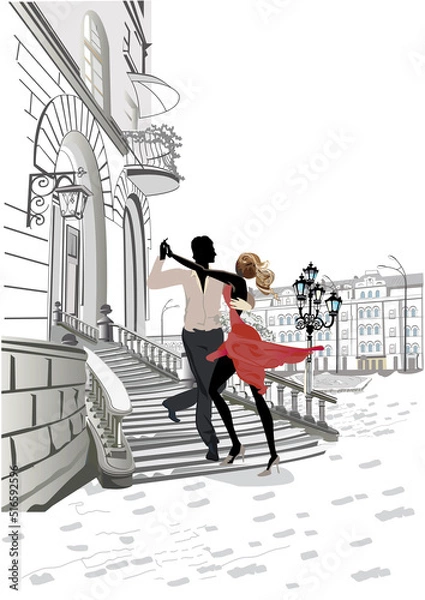 Fototapeta Series of colorful retro street views with fashion people in the old city. Hand drawn vector architectural background with historic buildings. Romantic couple in passionate Latin American dances. 