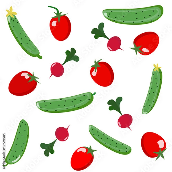 Fototapeta Seamless vector pattern with vegetables on a light yellow background.  Seamless vector pattern with tomato, cucumber, potato, carrot on a light yellow background. 