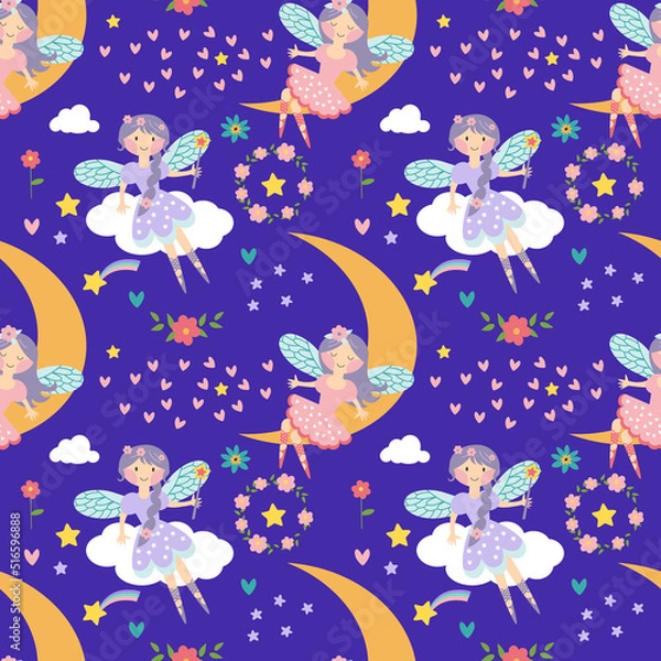 Fototapeta Vector seamless childish pattern with fairy, stars, moon and other elements. Fairy with a magic wand vector illustration. Seamless pattern with cartoon fairy for kids, girl. EPS