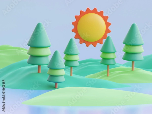 Fototapeta Landscape, sunny day with hills, mountains, trees, 3d render