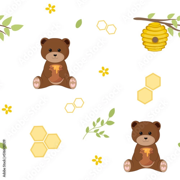Fototapeta Seamless pattern with bear and honey. Vector flat cartoon illustration