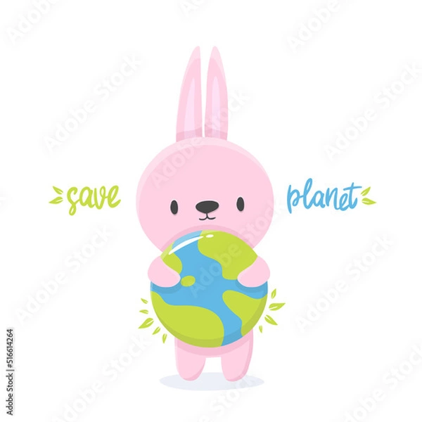 Fototapeta Cartoon illustration of an rabbit with earth in support of ecology. save the planet