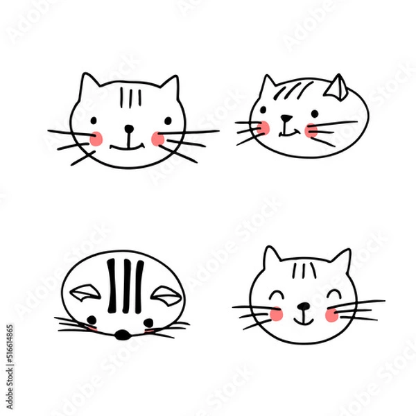 Fototapeta Cat faces collection in cute doodle style. Funny animals avatar with different emotions. Vector illustration on white background.