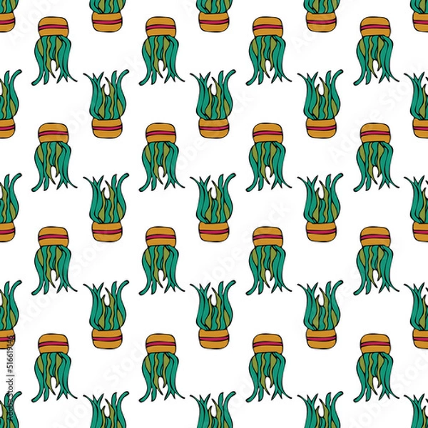 Fototapeta Vector white background plant in pot, succulents seamless pattern. Seamless pattern background