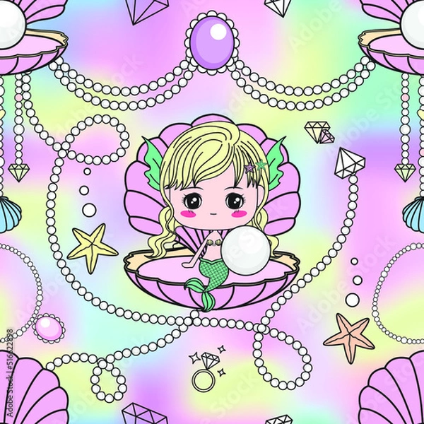 Obraz Seamless Pattern Cute Mermaid Underwater.