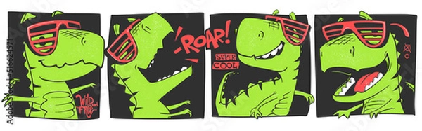 Fototapeta Funny dinosaurs comic style vector illustration. T-shirt design for kids