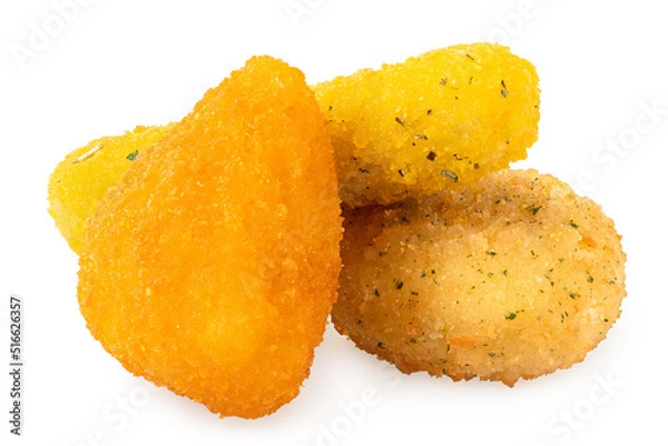 Fototapeta Fried breaded brie nugget, camembert nugget and mozzarella stick on white.