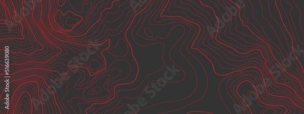 Fototapeta The stylized height of the topographic map contour in lines and contours. The concept of a conditional geography scheme and the terrain path. Red on black. Ultra wide size. Vector illustration.