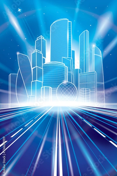 Fototapeta Neon glow city illustration. Night illumination highway. Business town center. Mounrains at background. White outlines. Vector design art 