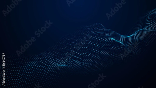 Fototapeta Futuristic glowing wave. The concept of big data. Network connection. Cybernetics. Abstract dark background of blue dots forming a wave. 3d rendering.