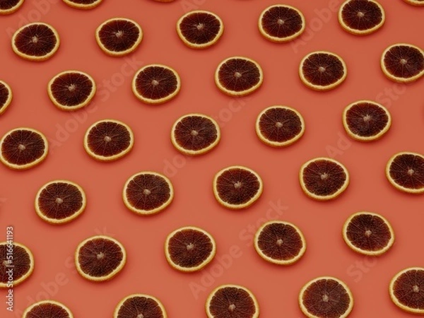 Fototapeta orange surface covered with graipfruit slices, fruit geometric background, flatlay, 3d rendering