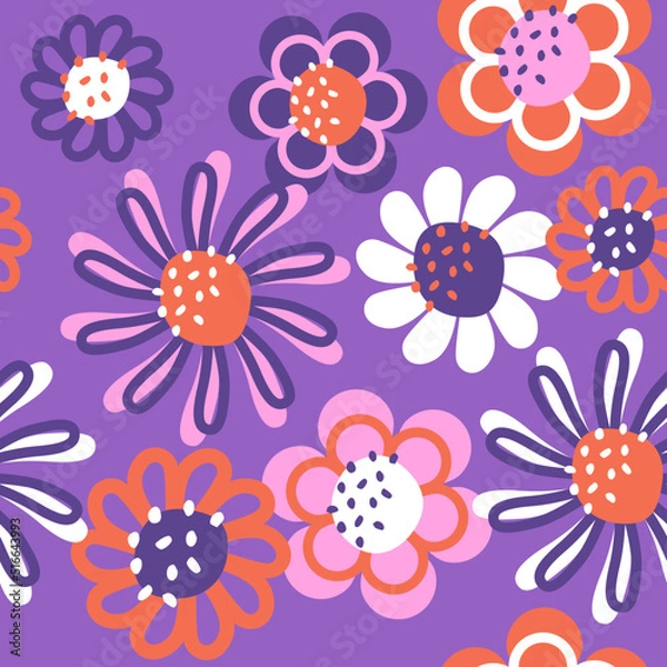 Fototapeta Fun flowers, botanical, garden. Seamless pattern, super colorful, youthful, trend. Reminds me of the 70s. Vector print for fabrics, with different flowers, foliage. Purple, pink, orange. Design
