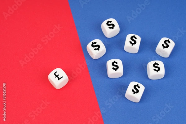 Fototapeta On a red background, one cube with a pound symbol, on a blue one, cubes with a dollar symbol.