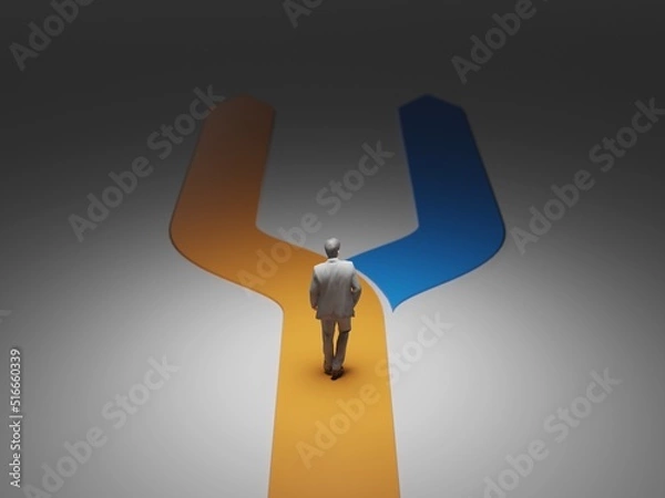 Obraz Business decision, career strategy concept. Businessman deciding between two ways to take. Digital 3D rendering.