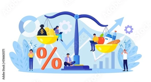 Fototapeta Inflation in economy. Scales with food and gold coins. Goods and services costs more value. Rising food prices. Loss of purchasing power, increase in consumer prices, fall of currency value