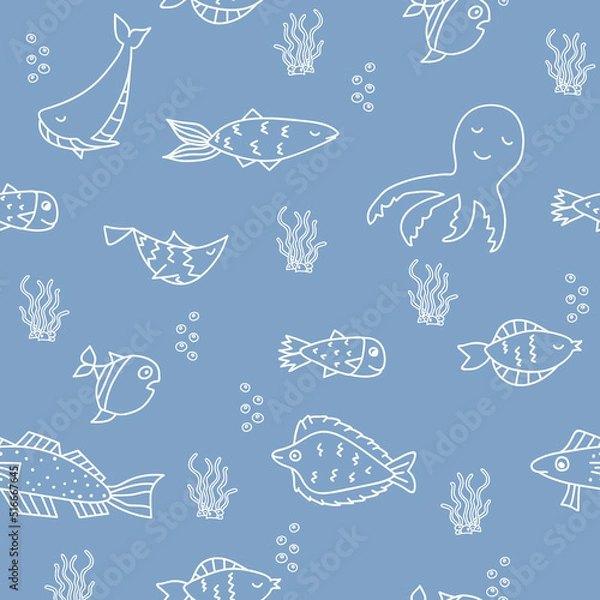 Obraz Seamless pattern with shoals of fish. Print for textile, wallpaper, covers, surface. For fashion fabric. Retro stylization.