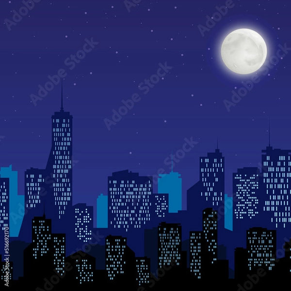 Fototapeta Night city with bright moon vector illustration in flat style