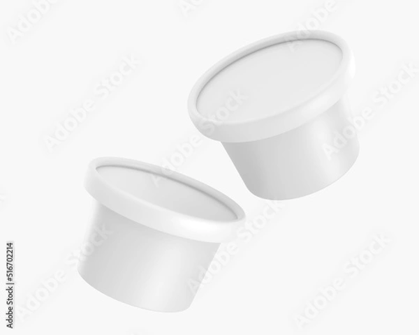 Fototapeta White plastic or paper buckets with closed lids. Realistic set food containers, round jars for ice cream, yogurt, blank tubs for sauce, jam, cheese isolated on background, 3d render mockup packaging
