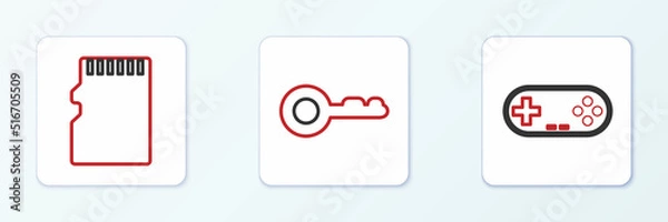 Fototapeta Set line Gamepad, Micro SD memory card and Diamond icon. Vector