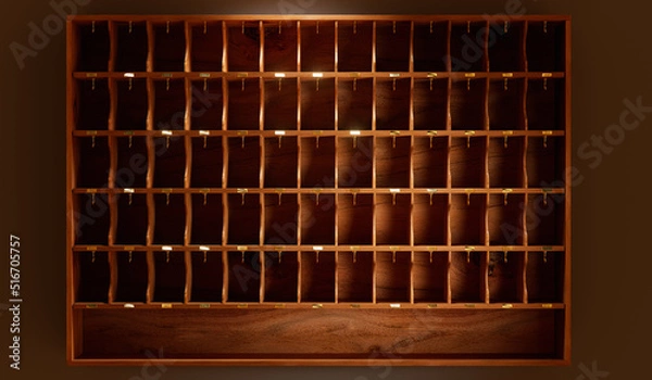 Obraz Empty wood key cabinet with dramatic lighting. 3D rendering, illustration.