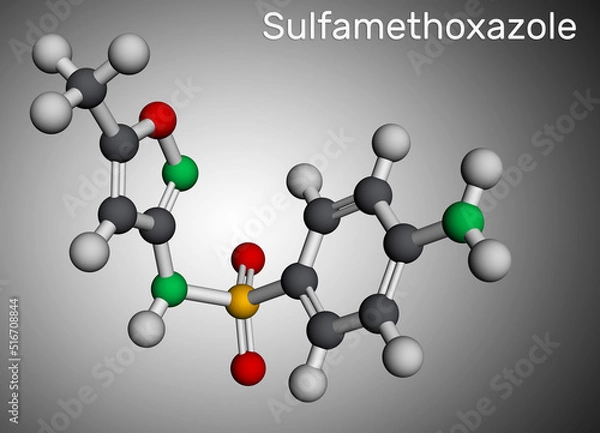 Fototapeta Sulfamethoxazole, SMZ, SMX molecule. It is sulfonamide antibiotic, used for bacterial infections. Molecular model. 3D rendering