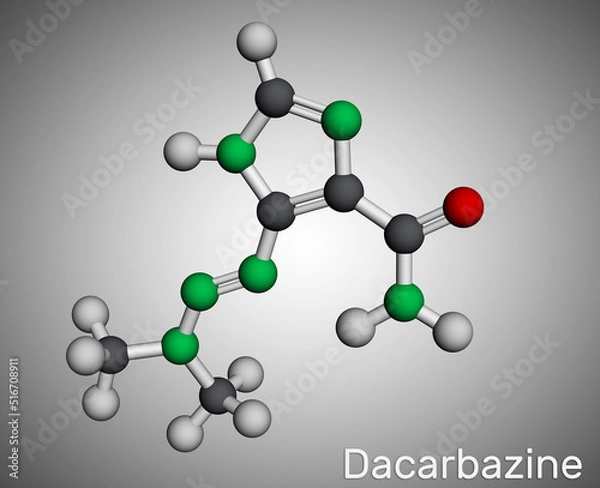 Fototapeta Dacarbazine, imidazole carboxamide, DTIC  molecule. It is antineoplastic drug used to treat malignant melanoma, Hodgkin's disease. Molecular model. 3D rendering