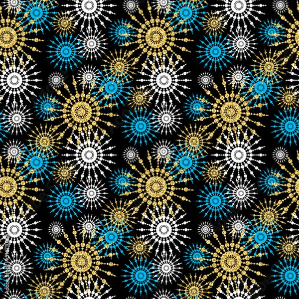 Fototapeta Blue gold christmas snowflake seamless pattern sparkling glitter design