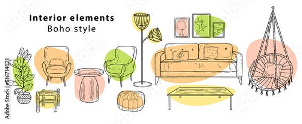 Fototapeta Scandinavian furniture Interior elements Boho style. Cozy home environment for the living room. Hand-drawn doodle style elements.