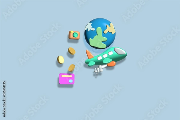 Obraz 3d renderillustration A single credit card spending concept to pay for travel around the world.