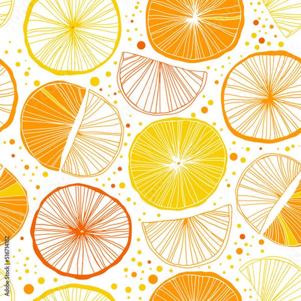 Fototapeta Decorative shinny pattern in scandinavian style. Vector texture with cute oranges. Floral drawn background for wallpapers, textile, wrapping papers