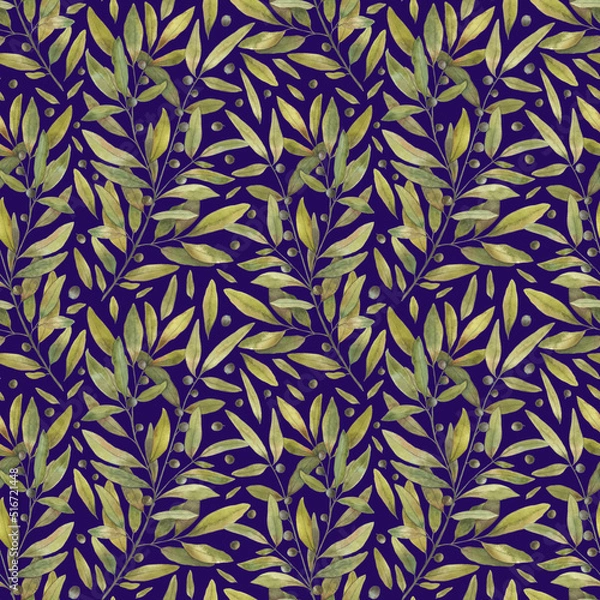Fototapeta Seamless pattern with olive branch on a dark blue backdrop, hand drawn in watercolor. Elegant background for cosmetics, fabric, soap packaging, oil packaging, wrapping paper.