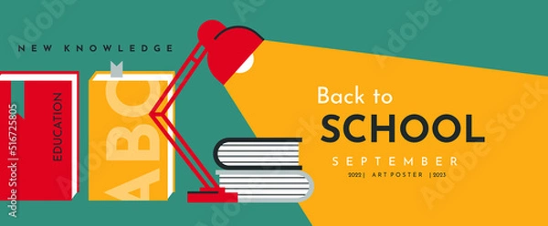Fototapeta Illustration with a table lamp and a stack of books. Back to school. Vector background banner or advertising.