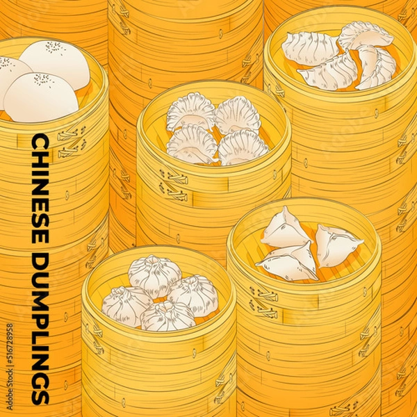 Fototapeta Chinese dumplings. Menu design template. Vector illustration. Chinese dumplings and buns in a traditional bamboo steamer