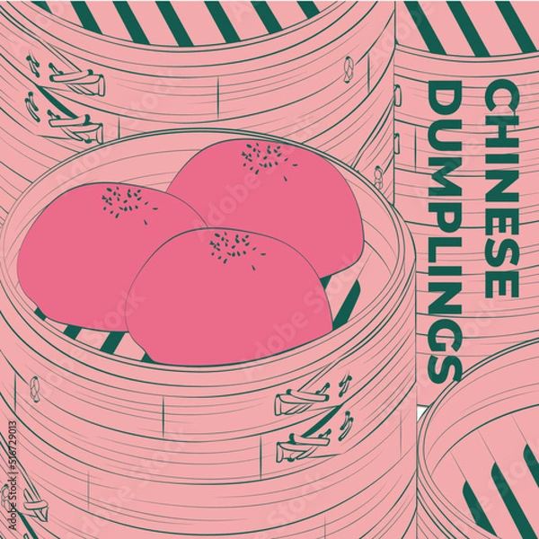 Fototapeta Chinese dumplings. Menu design template. Vector illustration. Chinese dumplings and buns in a traditional bamboo steamer