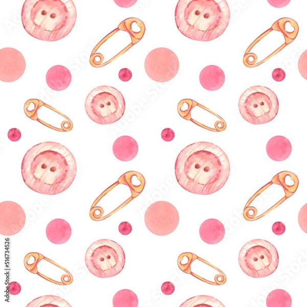 Fototapeta Seamless background with watercolor circles, pin, button isolated on white background