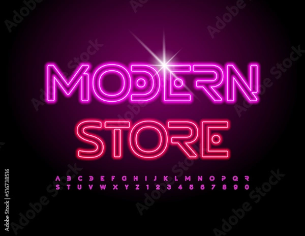 Fototapeta Vector bright emblem Modern Store. Pink Neon Font. Glowing Alphabet Letters and Numbers set