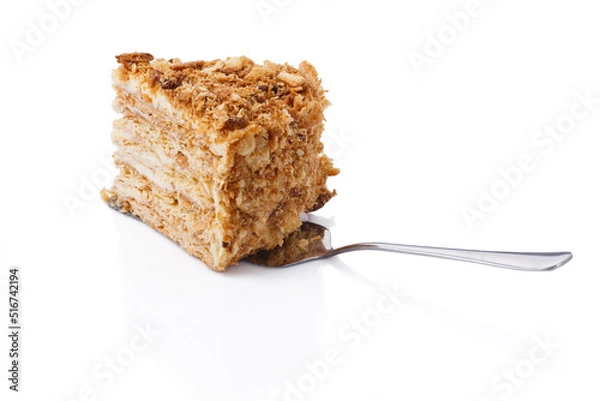 Fototapeta Napoleon cake slice on white background isolated with clipping path