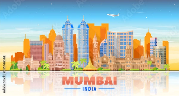 Obraz Mumbai skyline on a sky background. Flat vector illustration. Business travel and tourism concept with modern buildings. Image for banner or web site.