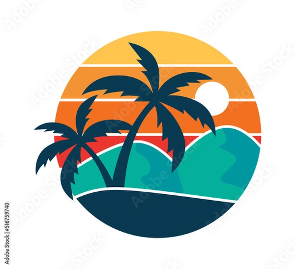 Fototapeta Palms beach round retro badge. Vector illustration