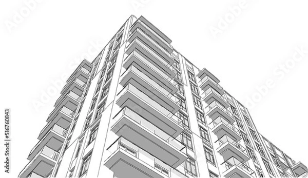 Fototapeta Partial 3d illustration of a residential tower. Housing units with balconies in high-rise building. Close up perspective from the corner. Image in black and white with shadows. 