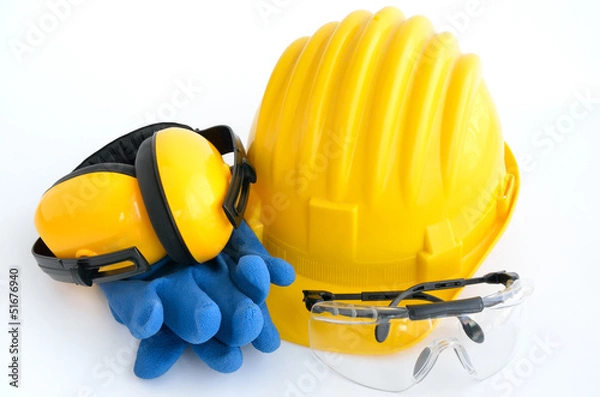 Obraz Standard construction safety equipment, it is isolated on white