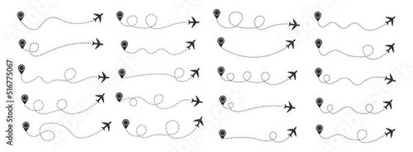 Fototapeta Set of dashed line airplane route