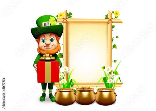 Fototapeta Leprechaun for st patrick day standing near sign