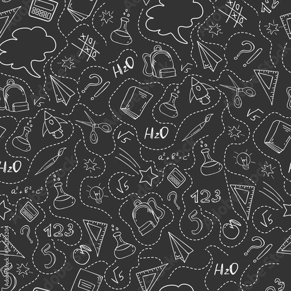 Fototapeta Seamless vector illustration with school supplies in doodle style for textile fabrics, wrapping paper and wallpaper design for websites. Vector illustration on black background.